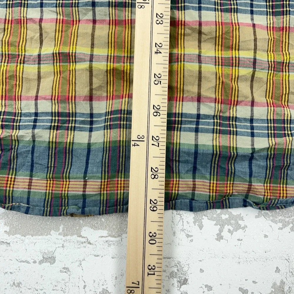 Polo Ralph Lauren‎ Shirt Men Large Green Blue Madras Plaid Button Up Epaulettes